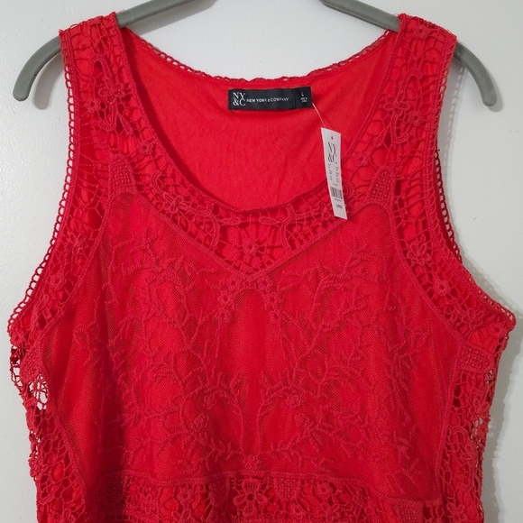 NEW YORK & COMPANY Nwt Lace-Mesh Sleeveless Tiered Tunic Top, Red, L - Picture 4 of 16